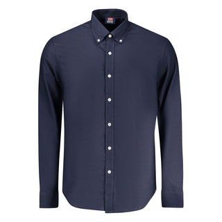 Men's blu cotton shirt by Norway 1963, casual fit with collar and buttons, displayed on a hanger.