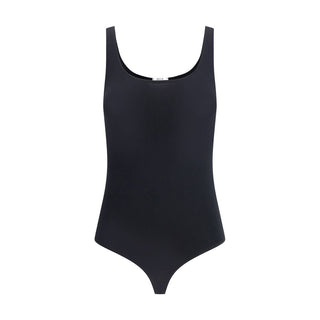 Black cotton bodysuit by Wolford, close-up of fitted design and smooth fabric, showcasing the sleek, comfortable style.