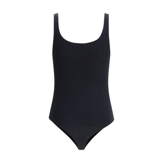 Black cotton bodysuit by Wolford, close-up of fitted design with long sleeves and high neckline on a white background