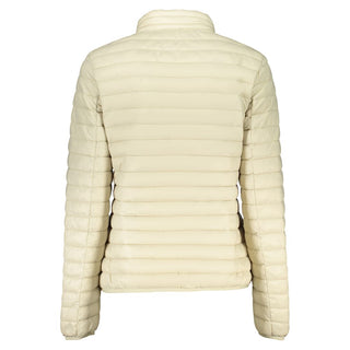 Beige polyamide women's jacket by Norway 1963, shown on a hanger with a close-up of fabric texture and design details.