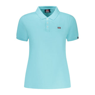 Azzurro cotton women's polo shirt by Norway 1963, featuring a classic collar and short sleeves, displayed on a hanger.
