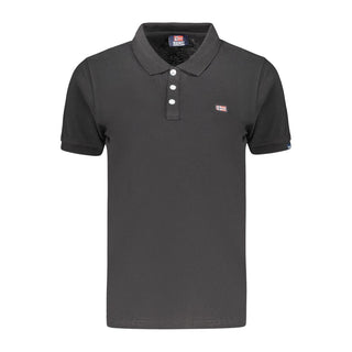 Black cotton women's polo shirt by Norway 1963, featuring a classic collar and short sleeves, laid flat on a white background.