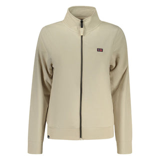 Beige cotton women's sweatshirt by Norway 1963, showing a close-up of the cozy, casual fit and soft fabric texture.