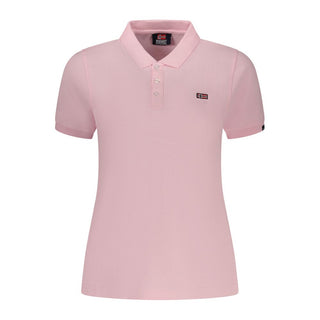 Pink Rosa cotton women's polo shirt by Norway 1963, shown on a model, featuring a classic collar and short sleeves.