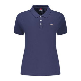 Blue cotton women's polo shirt by Norway 1963, with a classic collar and short sleeves, displayed laid flat.