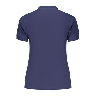 Blue cotton women's polo shirt by Norway 1963, featuring a classic collar and short sleeves on a plain background.