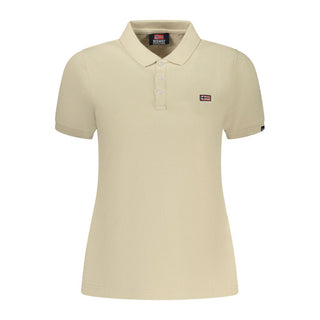 Beige cotton women's polo shirt by Norway 1963, featuring a classic collar and short sleeves, laid flat.