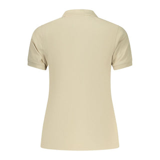 Beige women's cotton polo shirt by Norway 1963, casual fit with a classic collar and short sleeves, displayed on a mannequin.