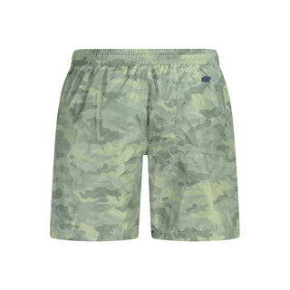 Men's green polyester boxer shorts by Norway 1963, shown in front view with elastic waistband and smooth fabric.