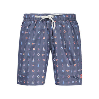 Blue polyester men's swim shorts with Norway 1963 branding, featuring a relaxed fit and adjustable waistband.