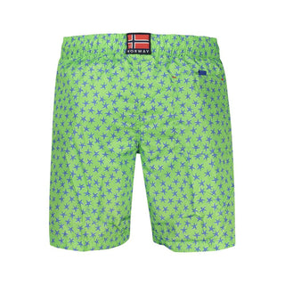Green polyester men's swim shorts by Norway 1963 with an elastic waistband and side pockets, suitable for beach or pool.