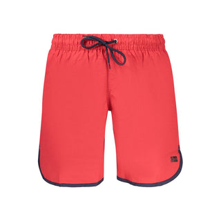 Norway 1963 Rosso polyamide men's swim shorts with adjustable waistband and vibrant red color, shown on a model.