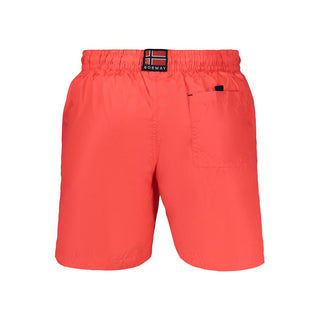 Red polyamide men's swim boxer by Norway 1963, featuring a fitted design and elastic waistband for comfortable swimming attire.