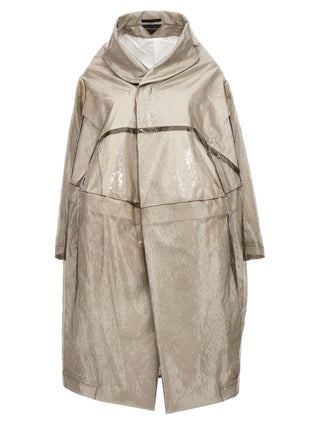 Gray polyethylene coat by Comme Des Garçons, showcasing a sleek, lightweight, waterproof outerwear design.