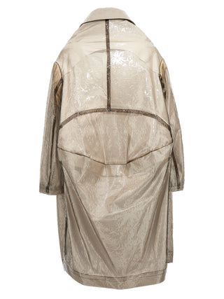 Gray polyethylene coat by Comme Des Garçons, shown with a focus on its textured fabric and modern design.