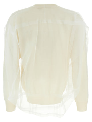 White wool cardigan by Comme Des Garçons featuring a cozy, oversized fit and button closure, laid flat on a neutral background.