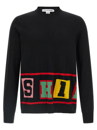 Black acetate cardigan by Comme Des Garçons, featuring a relaxed fit and stylish design, displayed on a model.