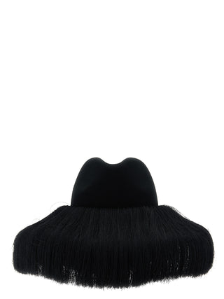 Black wool fedora hat from Comme Des Garçons with a wide brim and classic style, shown on a plain background.
