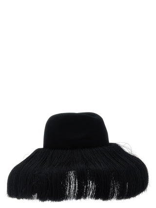 Black wool fedora hat by Comme Des Garçons with a wide brim and classic design, shown from a side angle.