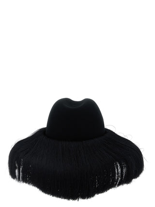 Black wool fedora hat by Comme Des Garçons with a wide brim and classic style, shown from a side view.