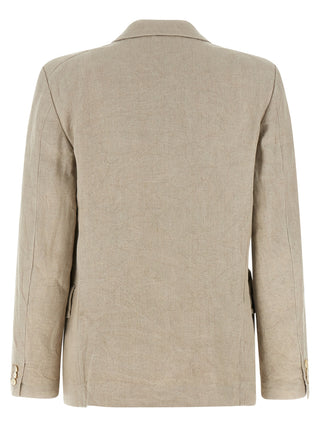 Beige linen blazer by Comme Des Garçons, tailored fit with classic lapels, displayed on a neutral background.