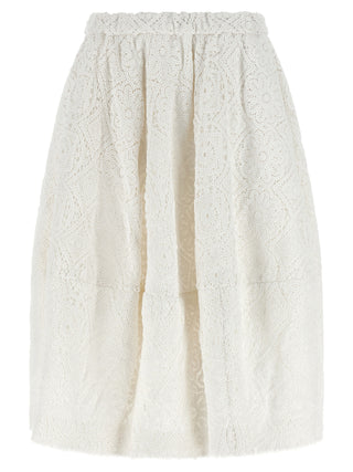 White cotton midi skirt by Comme Des Garçons, featuring a sleek, flowy design with a high waist and minimalist style.