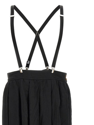 Black polyester midi skirt by Comme Des Garçons, showcasing a sleek, flowy design with a high waist and minimalist style.