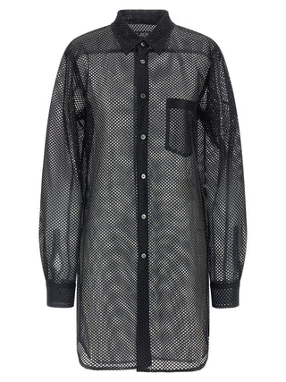 Black polyester blouse by Comme Des Garçons featuring a sleek, modern design with a relaxed fit and minimalist style.