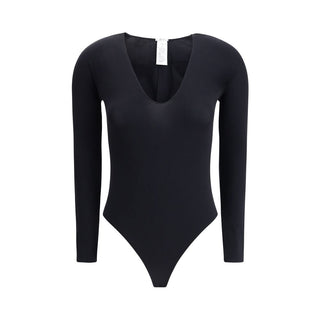 Black Wolford polyamide bodysuit with long sleeves and seamless design, form-fitting and stylish for everyday wear.