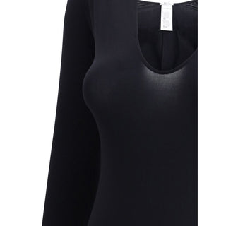 Black Wolford polyamide bodysuit with long sleeves and seamless fit, displayed on a neutral background.
