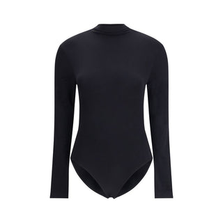 Black Wolford polyamide bodysuit with long sleeves and seamless fit, shown on a model against a neutral background.