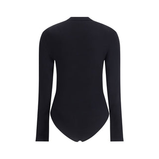Black Wolford polyamide bodysuit with long sleeves and scoop neckline, form-fitting and seamless design.
