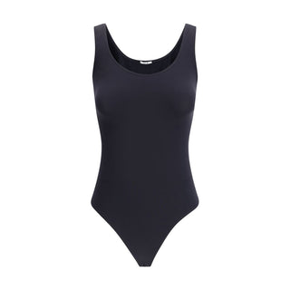 Black Wolford polyamide bodysuit with long sleeves and seamless fit, displayed on a mannequin.