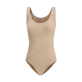 Beige Wolford polyamide bodysuit with long sleeves and seamless fit, showcasing a smooth and form-fitting design.