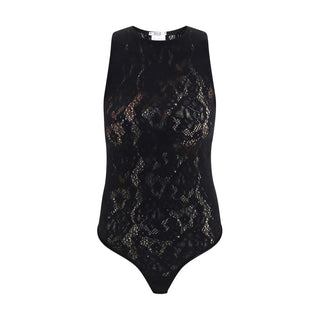 Black Wolford polyamide bodysuit displayed on a mannequin, showcasing a sleek, fitted design with long sleeves and a high neckline.