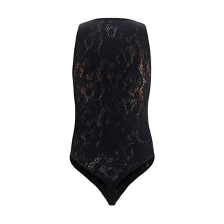 Black Wolford polyamide bodysuit with long sleeves and seamless fit, displayed on a mannequin.