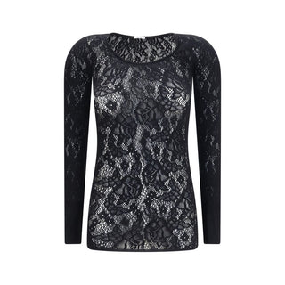 Black Wolford polyamide shirt with a sleek, fitted design and long sleeves, shown on a hanger against a plain background.