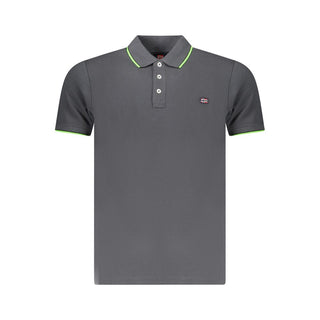 Gray cotton men's polo shirt from Norway 1963, featuring a classic collar and short sleeves, displayed on a hanger.