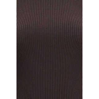 Brown Wool Oves Aries turtleneck by Wolford, close-up of cozy knit fabric and high neckline on a mannequin.