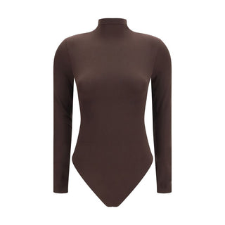 Brown Wolford polyamide bodysuit with long sleeves and seamless fit, displayed on a neutral background.