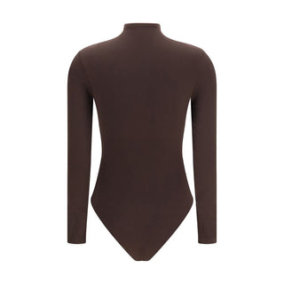 Brown polyamide bodysuit by Wolford, close-up view showing smooth fabric and fitted design on a neutral background.
