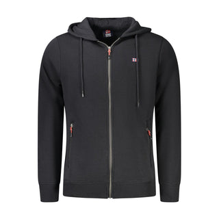 Black cotton men's hooded sweatshirt by Norway 1963 featuring a drawstring hood and a relaxed fit.