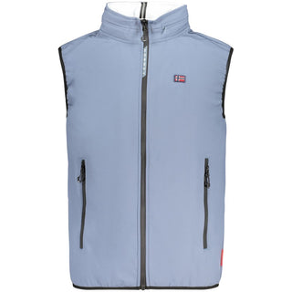 A blue polyester men's vest from Norway 1963 displayed on a hanger, showing its tailored fit and smooth fabric.
