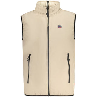 Men's brown polyester vest by Norway 1963, showing front view with tailored fit and smooth fabric.