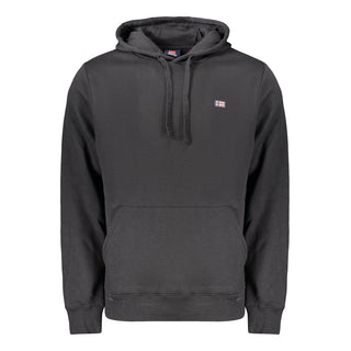 Black cotton men's sweatshirt by Norway 1963, showing a close-up of the fabric and fit on a mannequin.
