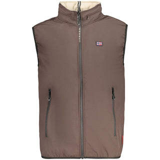 Brown polyester men's vest by Norway 1963, featuring a fitted design and front zipper, displayed on a hanger.