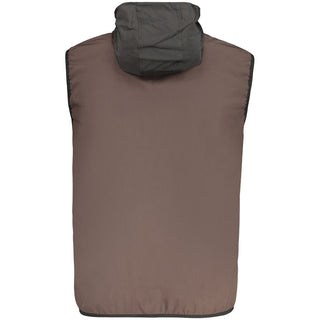 Brown polyester men's vest by Norway 1963, featuring a sleek design with a zip-up front and adjustable straps.