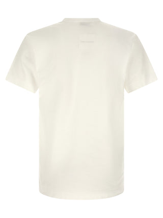 White cotton T-shirt by Comme Des Garçons Play, featuring a simple design and classic fit, displayed on a hanger.