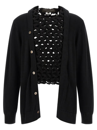 Black wool cardigan by Comme Des Garçons, featuring a cozy, knitted design with button closure and ribbed cuffs.