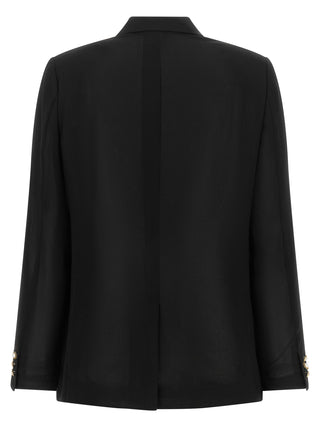Black polyester blazer by Comme Des Garçons, tailored fit with classic lapels, displayed on a neutral background.